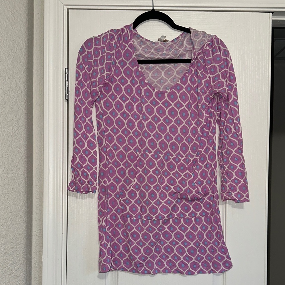 All for color Pink and Purple Patterned Hooded Tunic Size Small